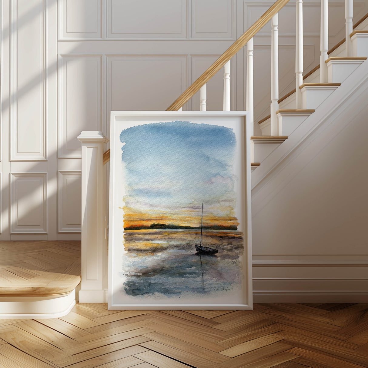 Nautical wall art featuring a yacht, painted in delicate watercolours.