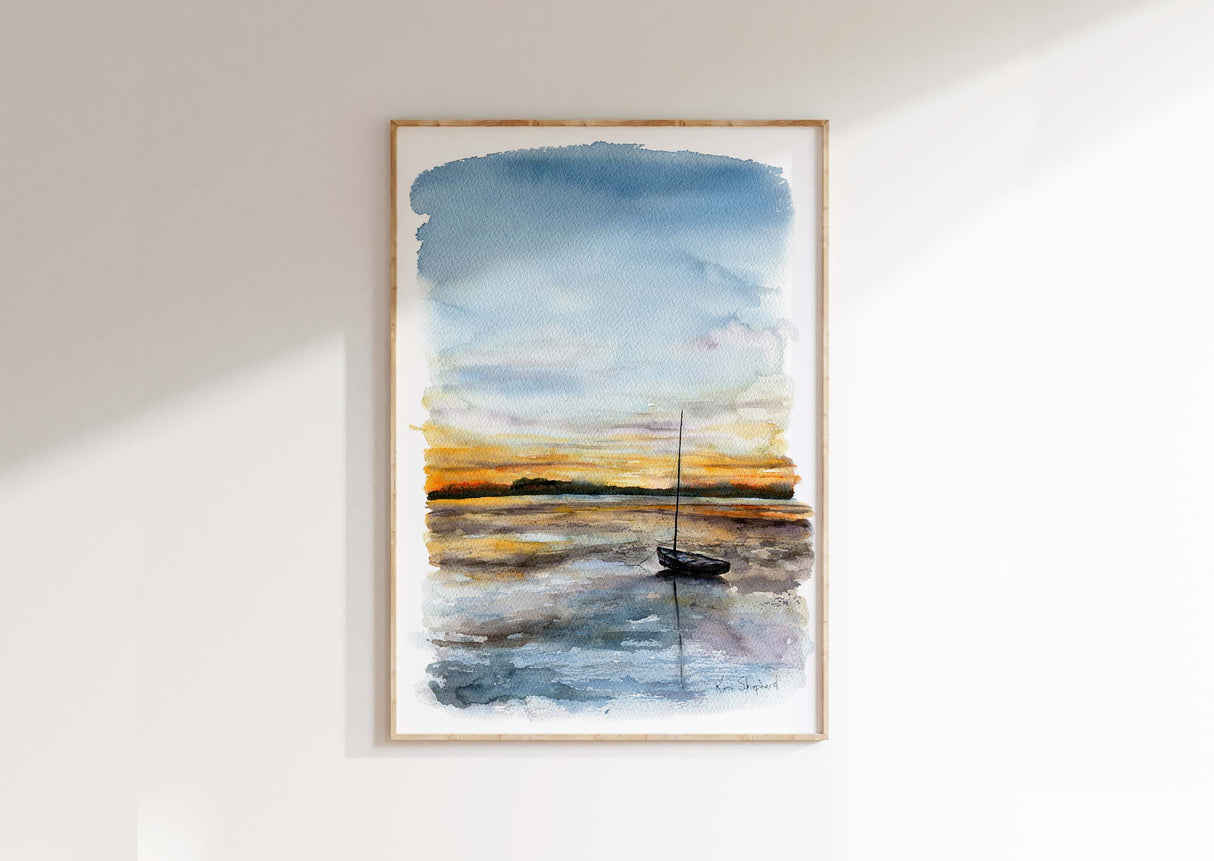 Watercolour print of a yacht resting near Brownsea Island in Poole Harbour.