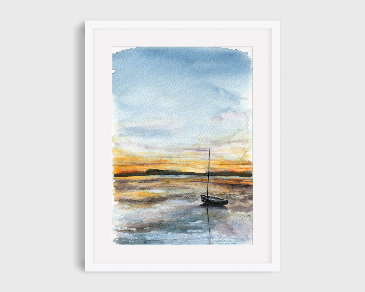 Maritime art print featuring a yacht at low tide with warm and cool tones.