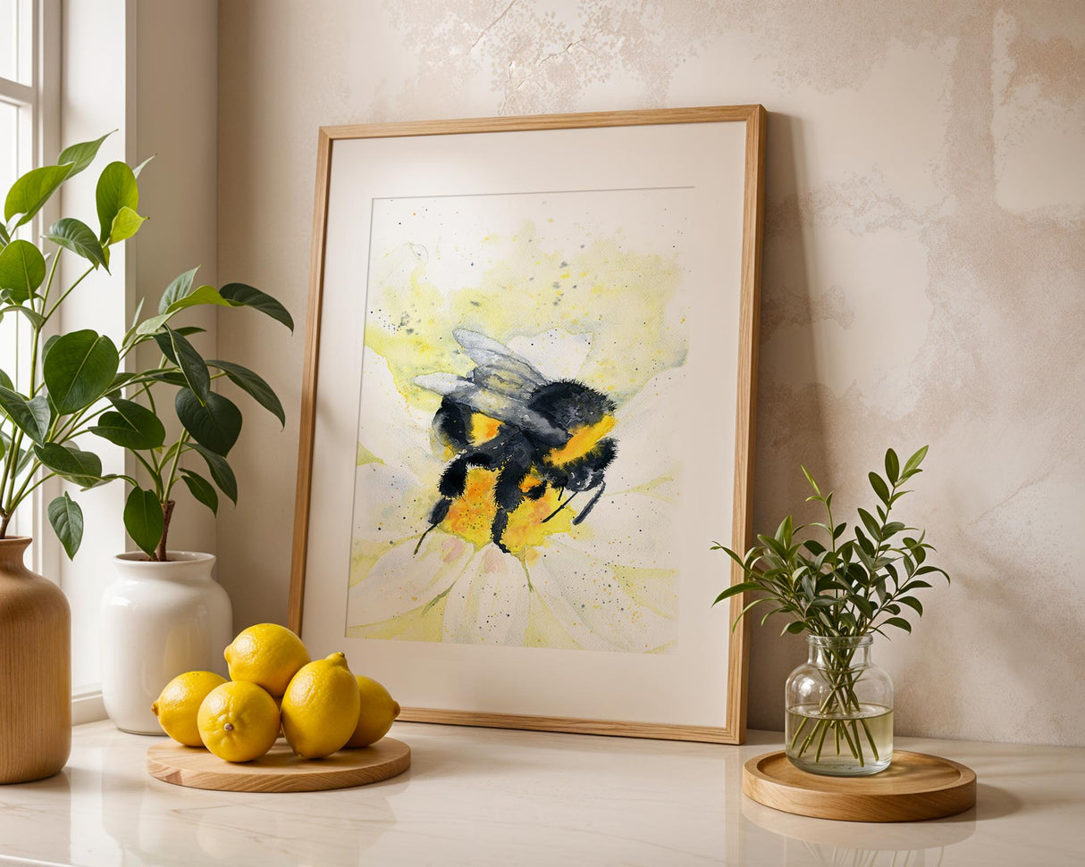 Hand-painted bumblebee artwork sitting gently on a daisy bloom.