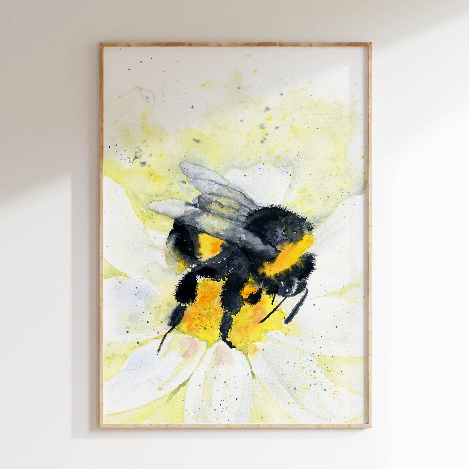 Joyful nature-inspired watercolour print of a bee on a flower.