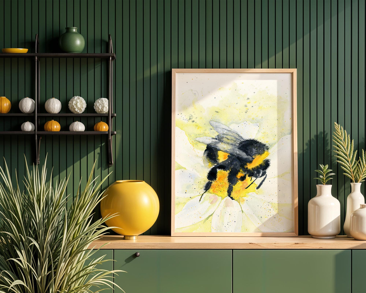 Contemporary bee wall art print featuring vibrant yellow, black, and white hues.