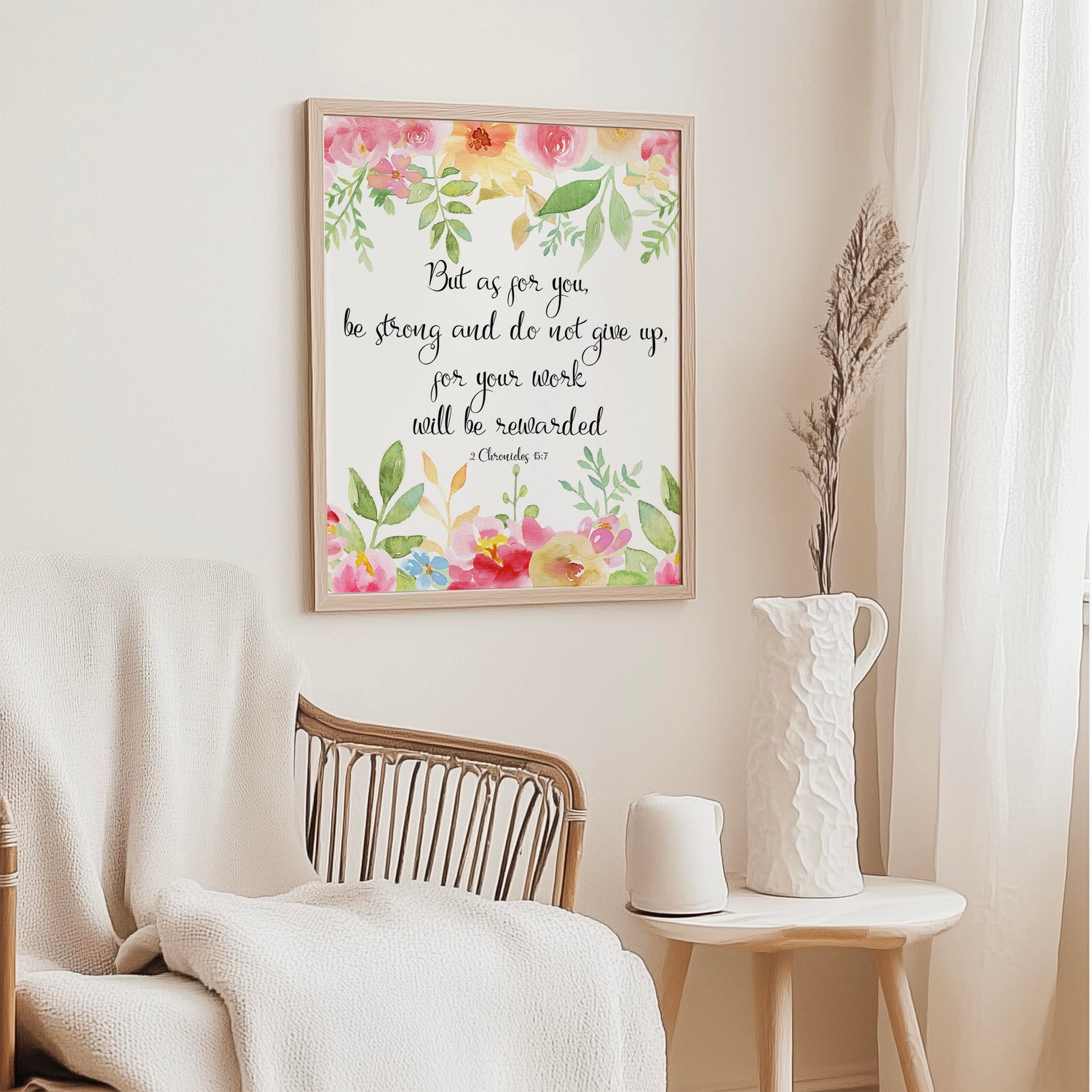 Bible verse poster for Christian decor with pink, green, yellow, and red flower border.