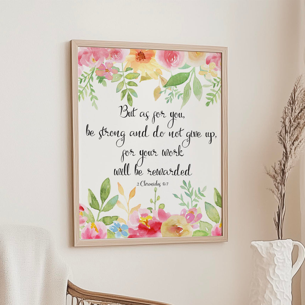 Bible verse poster for Christian decor with pink, green, yellow, and red flower border.