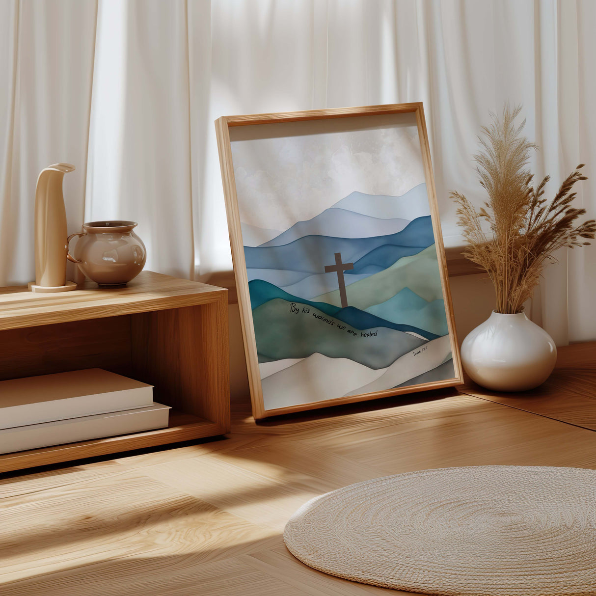 Inspirational Bible verse art print featuring a serene hillside scene and a prominent cross, highlighting the message of healing from Isaiah 53:5.