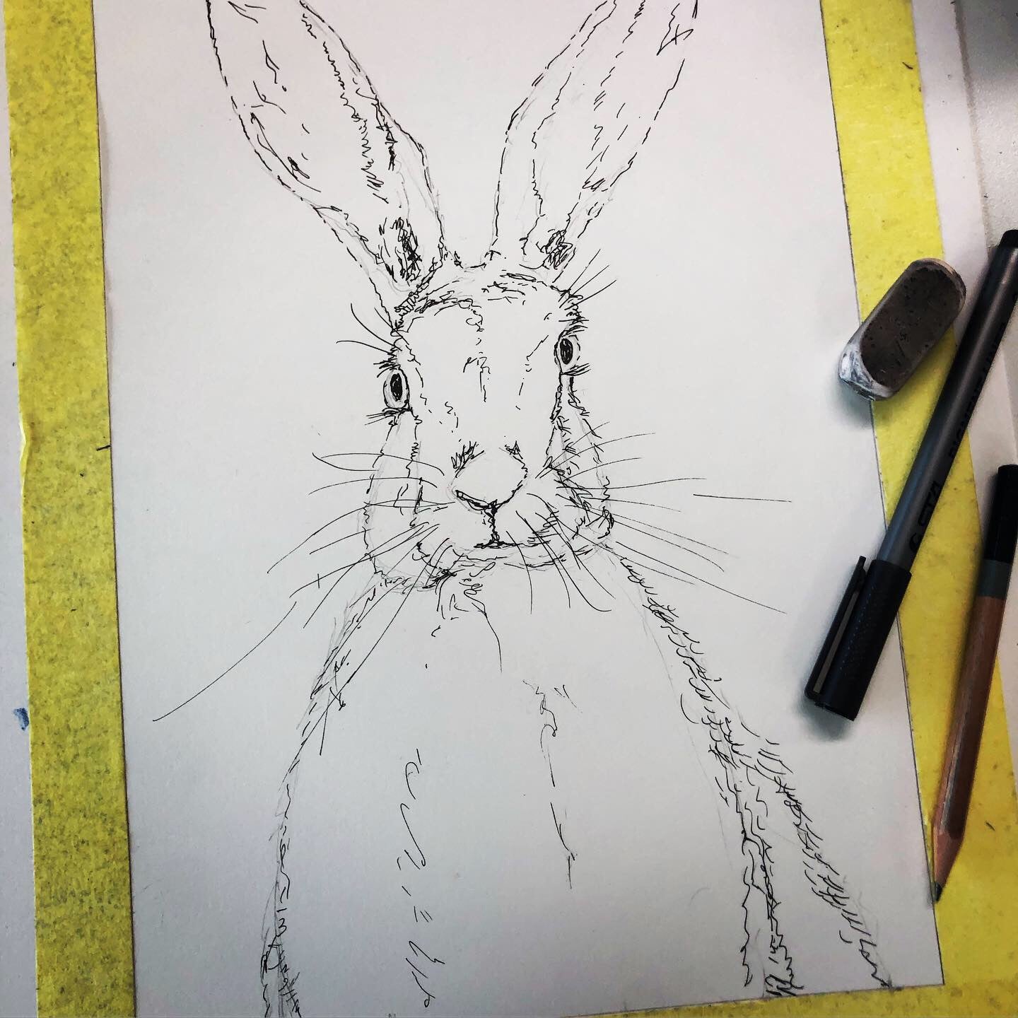 Loosely painted watercolour hare finished in ink on soft pink background