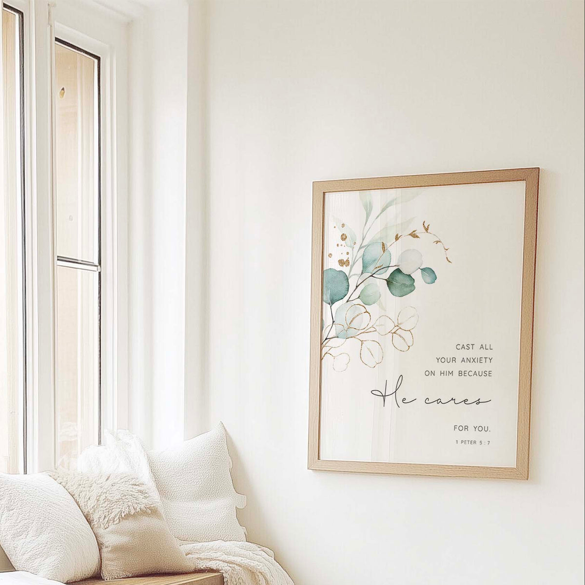 Botanical 1 Peter 5:7 Bible verse print with "Cast All Your Anxiety On Him" scripture and elegant leaf design.
