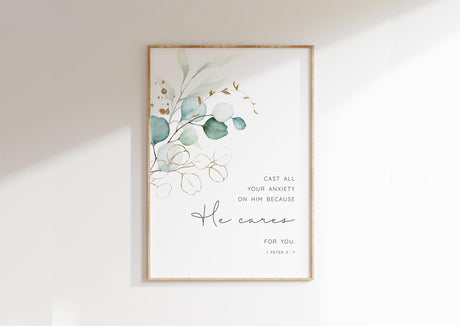 Uplifting scripture quote with botanical design, Cast All Your Anxiety On Him framed print, Contemporary Christian wall art