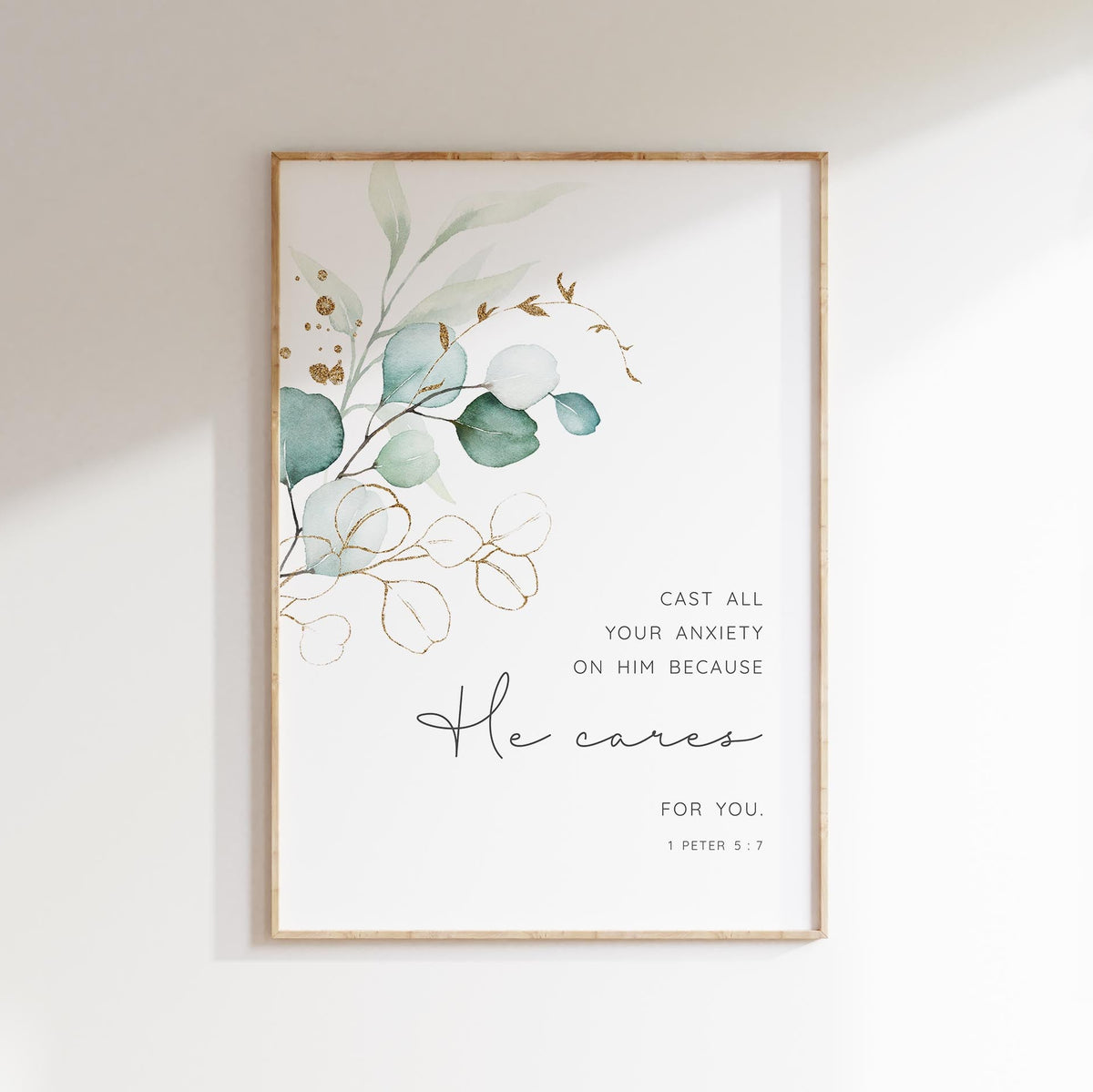 Uplifting scripture quote with botanical design, Cast All Your Anxiety On Him framed print, Contemporary Christian wall art