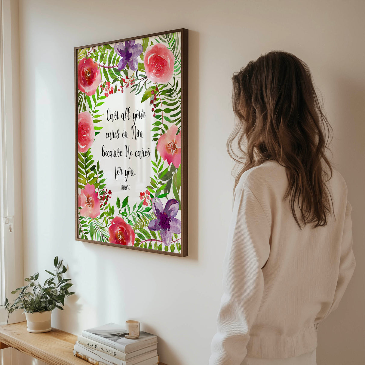 Inspirational Christian wall art featuring flowers and a heartfelt reminder of God’s love and care.