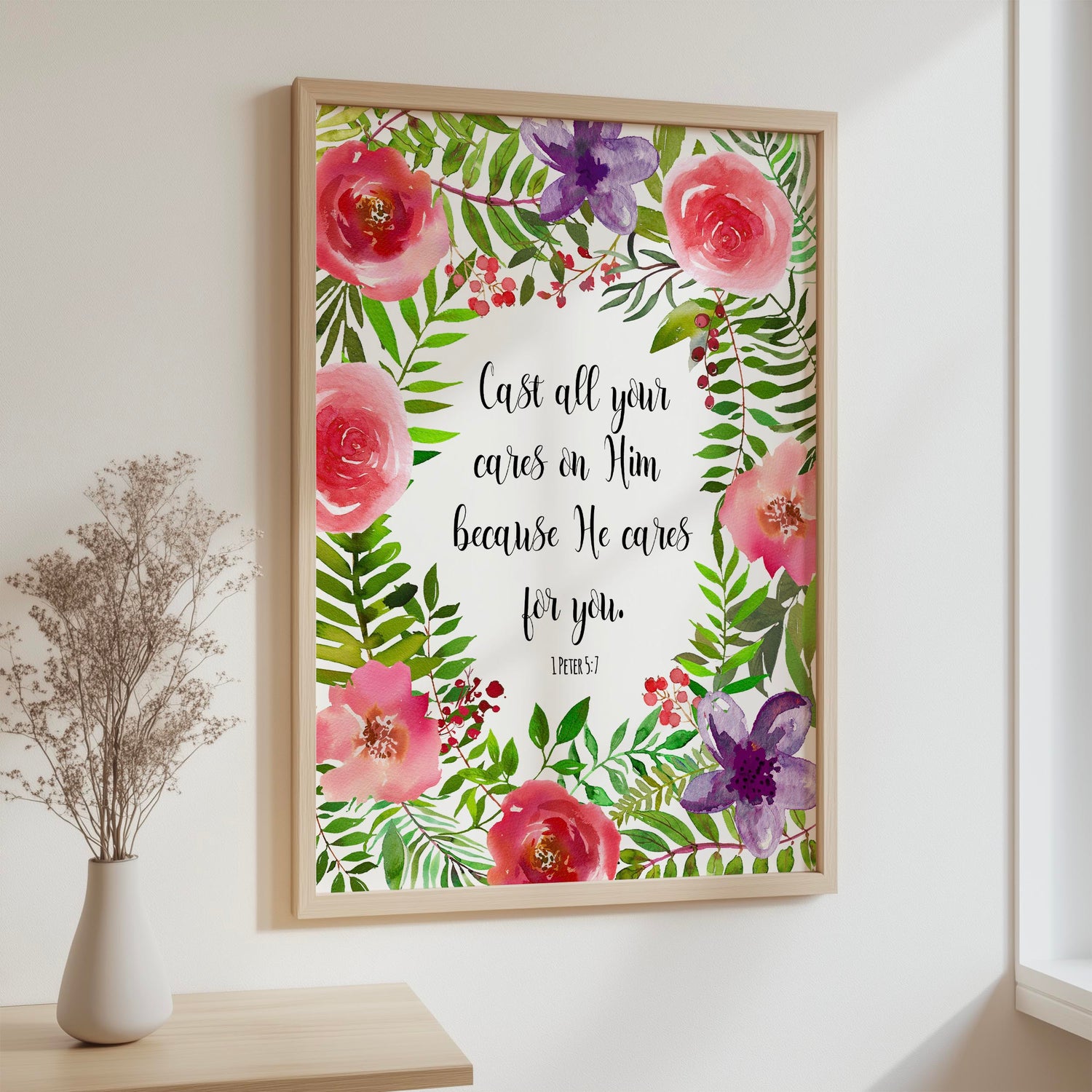 Christian scripture print surrounded by a delicate red and purple flower wreath for inspiration and peace.