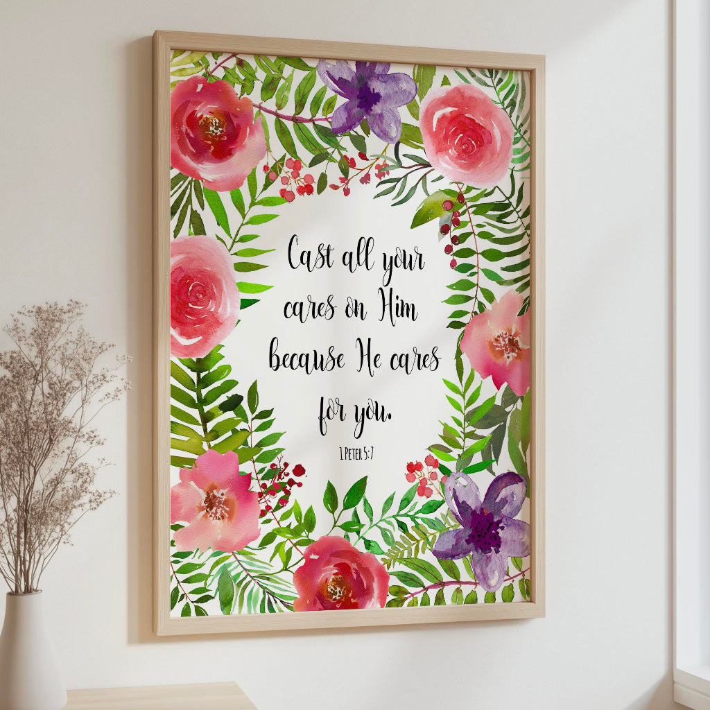 Christian scripture print surrounded by a delicate red and purple flower wreath for inspiration and peace.