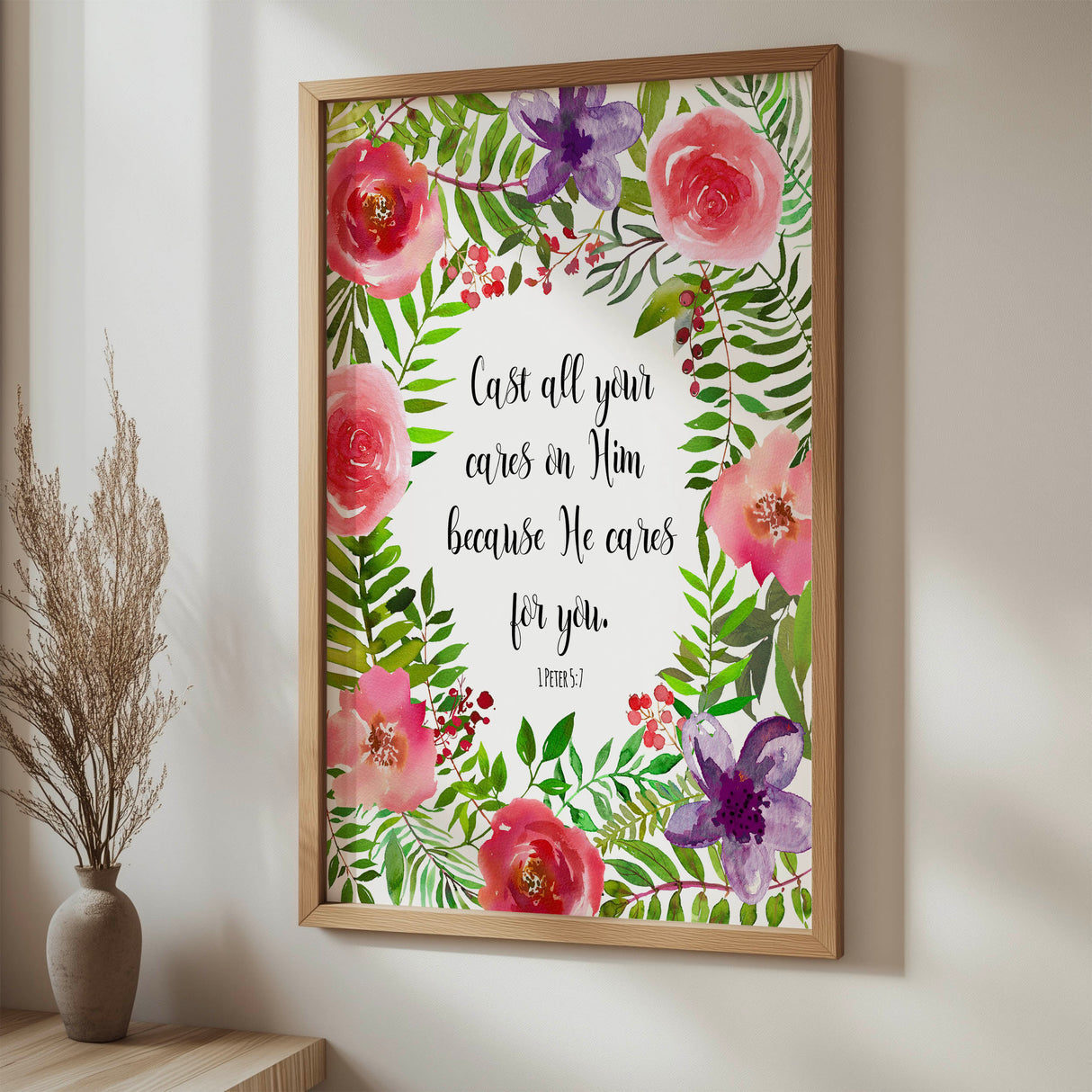 1 Peter 5:7 Bible verse print with elegant floral wreath design for a comforting faith-filled home accent.