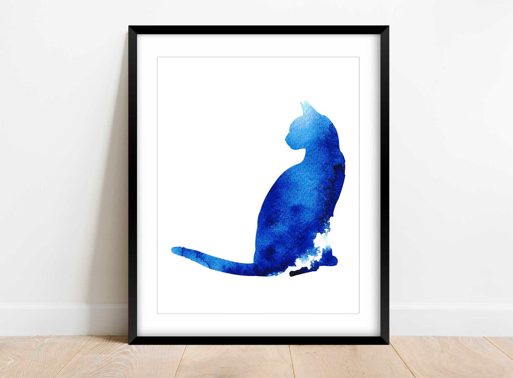 Watercolour Cat Prints, Watercolour Cat Picture, Watercolour Cat Art, Watercolor blue cat silhouette wall art
