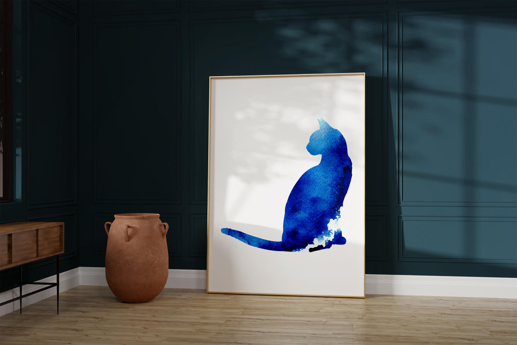 Feline-inspired watercolor silhouette print, Charming watercolor-style cat silhouette painting, Watercolor cat silhouette in serene blue