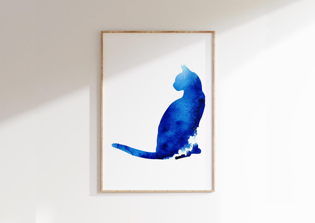 Artistic blue cat print with watercolor effect, Blue watercolor cat silhouette wall art, Watercolour style blue cat print