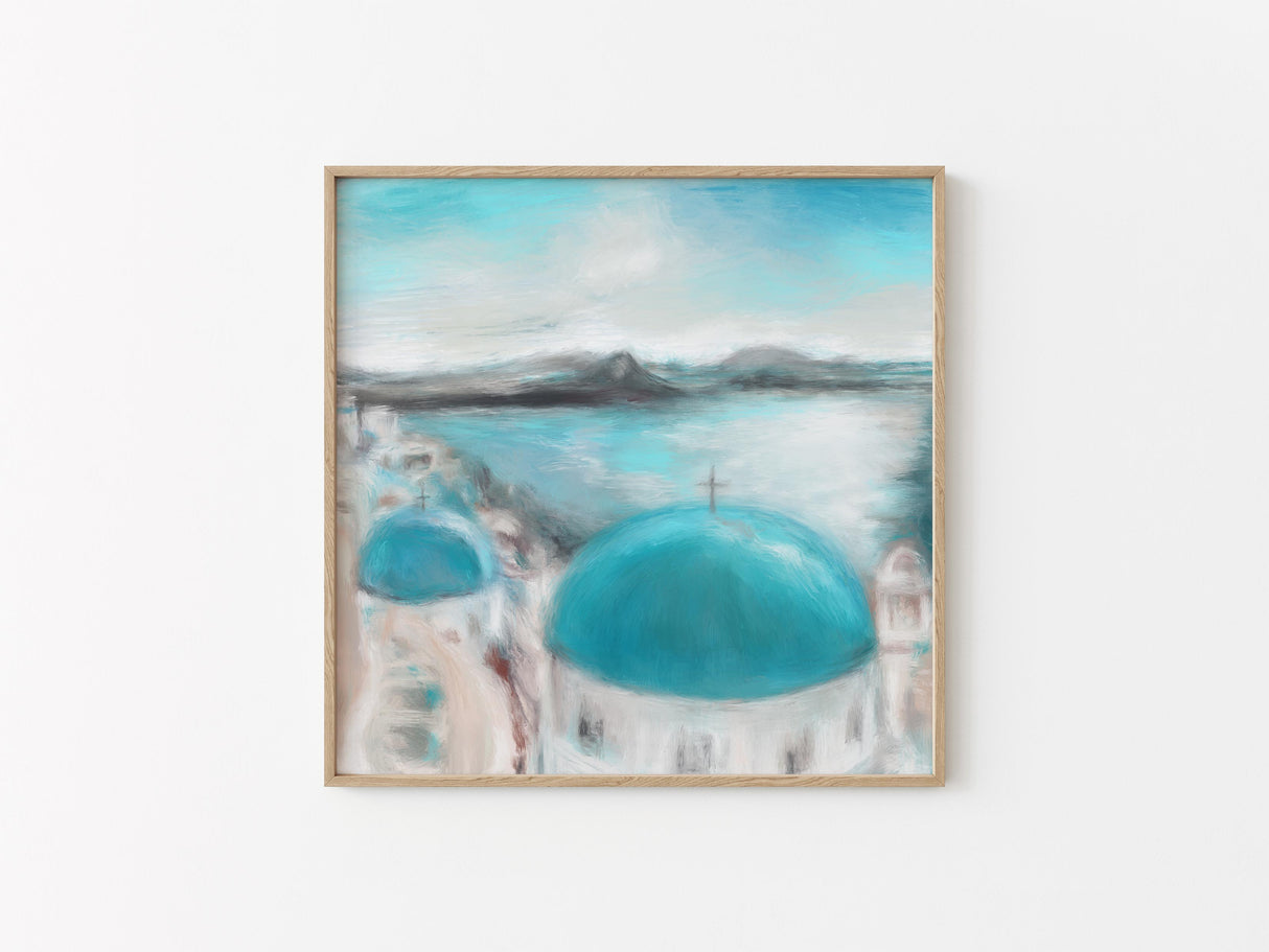 Blue domed roofs and ocean in abstract coastal painting