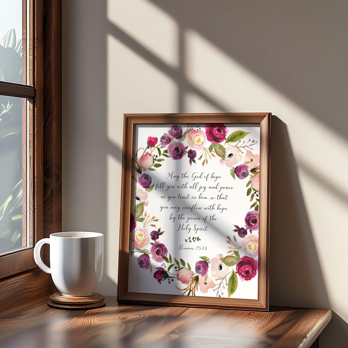 Encouraging Bible verse art print with Romans 15:13 in a graceful floral layout, blending inspiration and beauty for a peaceful space.