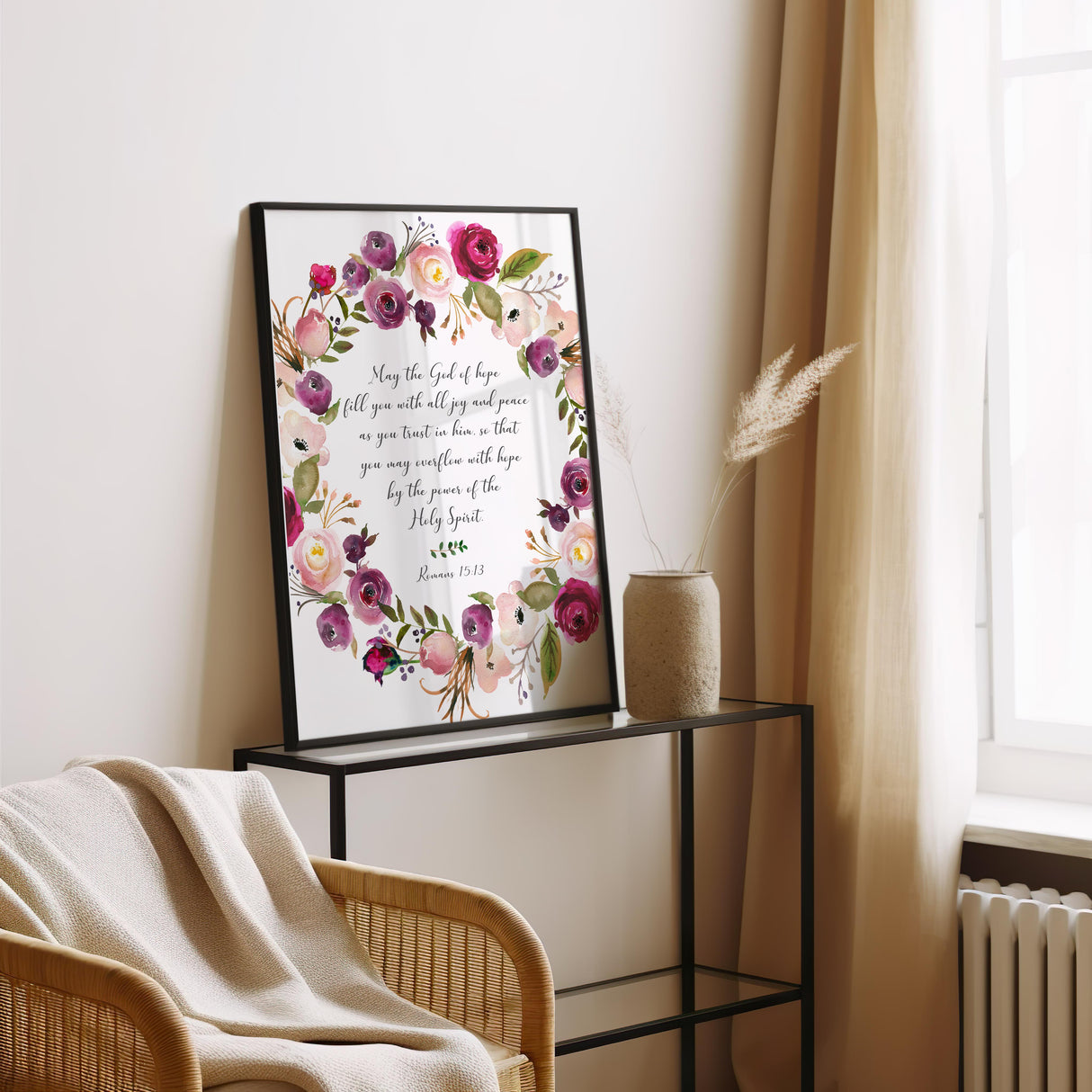 Elegant floral Bible verse wall art showcasing Romans 15:13, offering a message of hope and peace framed by soft, detailed botanical elements.