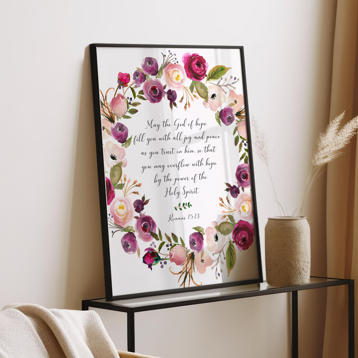 Elegant floral Bible verse wall art showcasing Romans 15:13, offering a message of hope and peace framed by soft, detailed botanical elements.