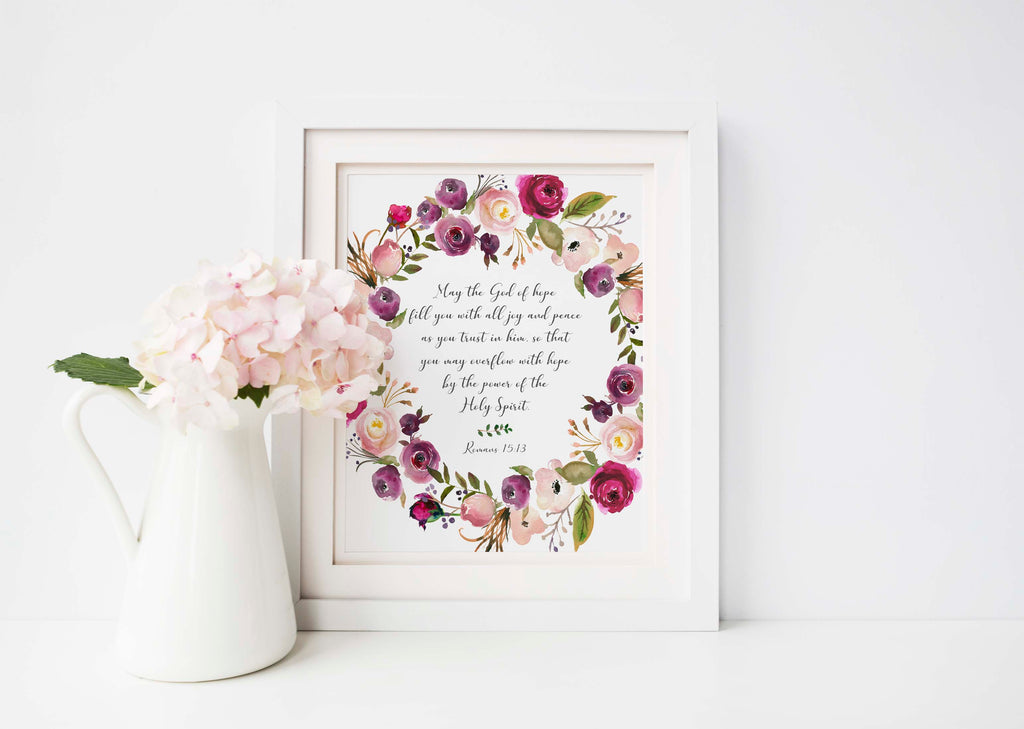 Elevate your space with a Floral Romans 15:13 print, Encouraging wall art: Floral design with Romans 15:13