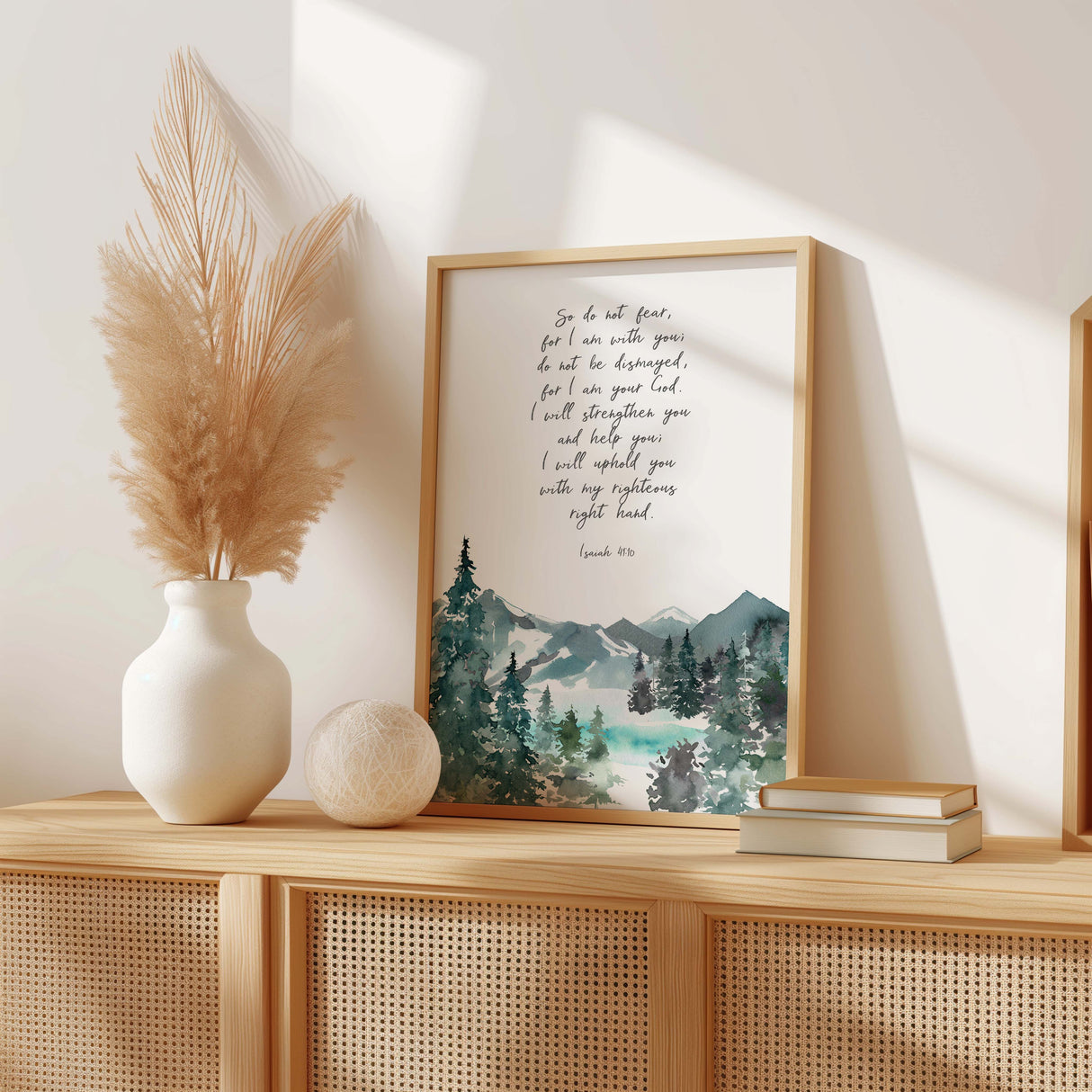 So Do Not Fear Bible Verse Wall Art Print, Isaiah 41 10 Mountain Scripture Home Decor, Christian Faith-Inspired Tranquil Decor with Serene Mountain Landscape for Comfort and Strength
