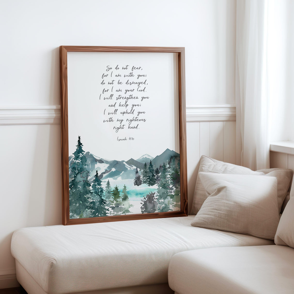 Isaiah 41:10 mountain wall art with Bible verse and serene pastel landscape for strength and comfort. Peaceful mountain Bible verse art with "Do not fear, for I am with you" from Isaiah 41:10.