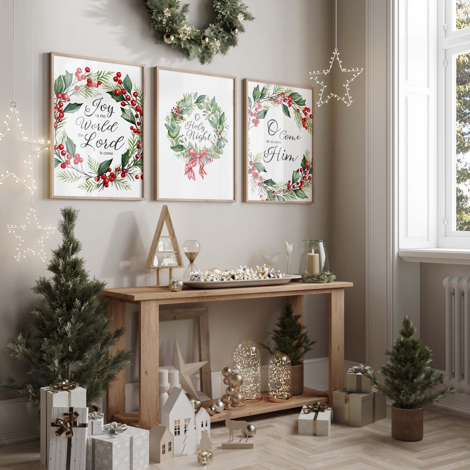Wreath-themed Christmas wall art with carol phrases.