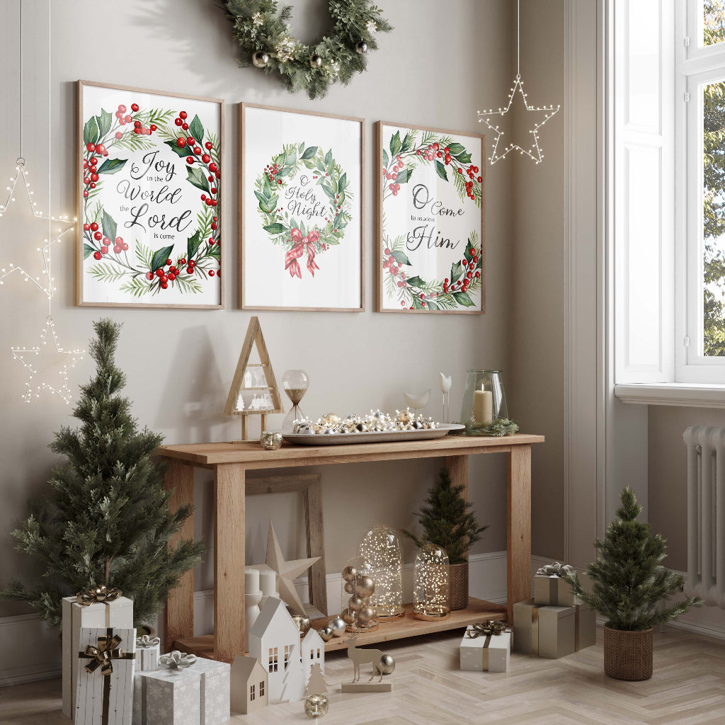 Wreath-themed Christmas wall art with carol phrases.