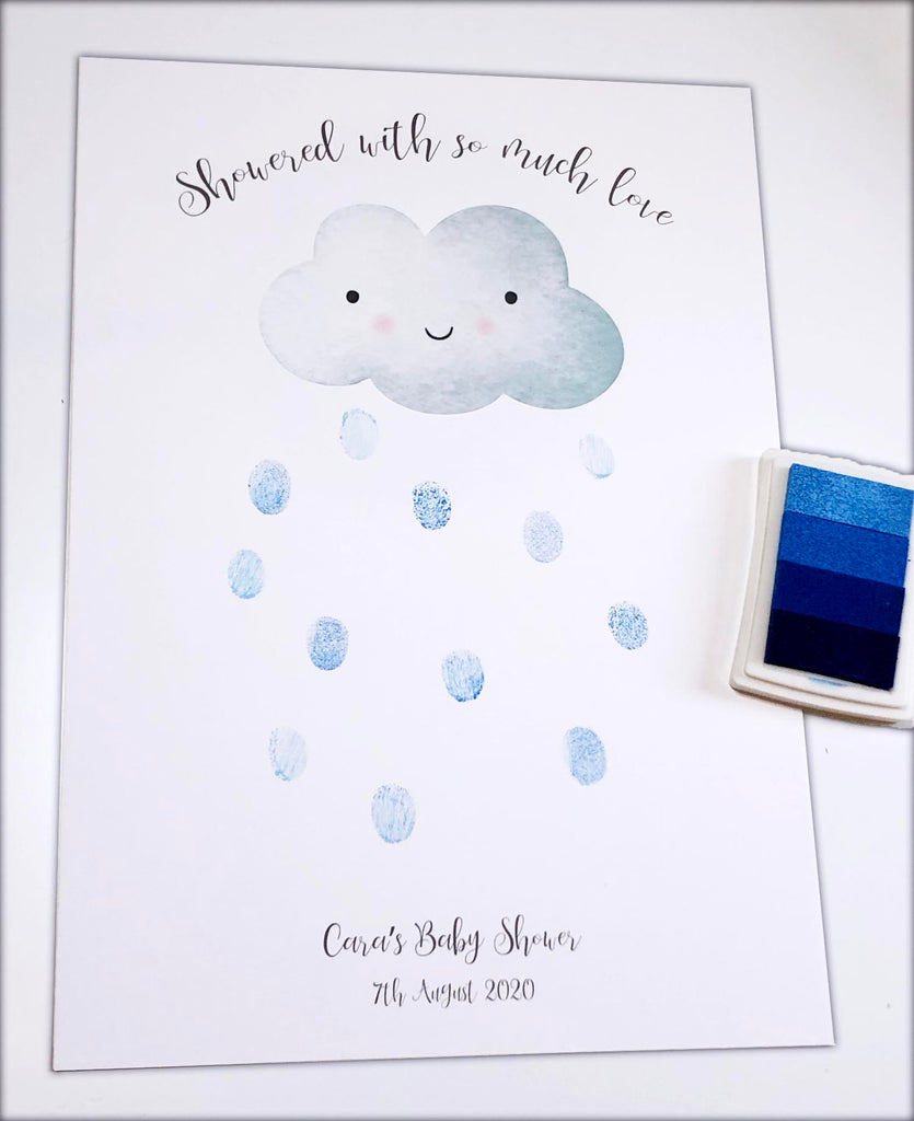 Cloud themed baby shower fingerprint print with inkpad, Showered with so much love baby shower fingerprint keepsake