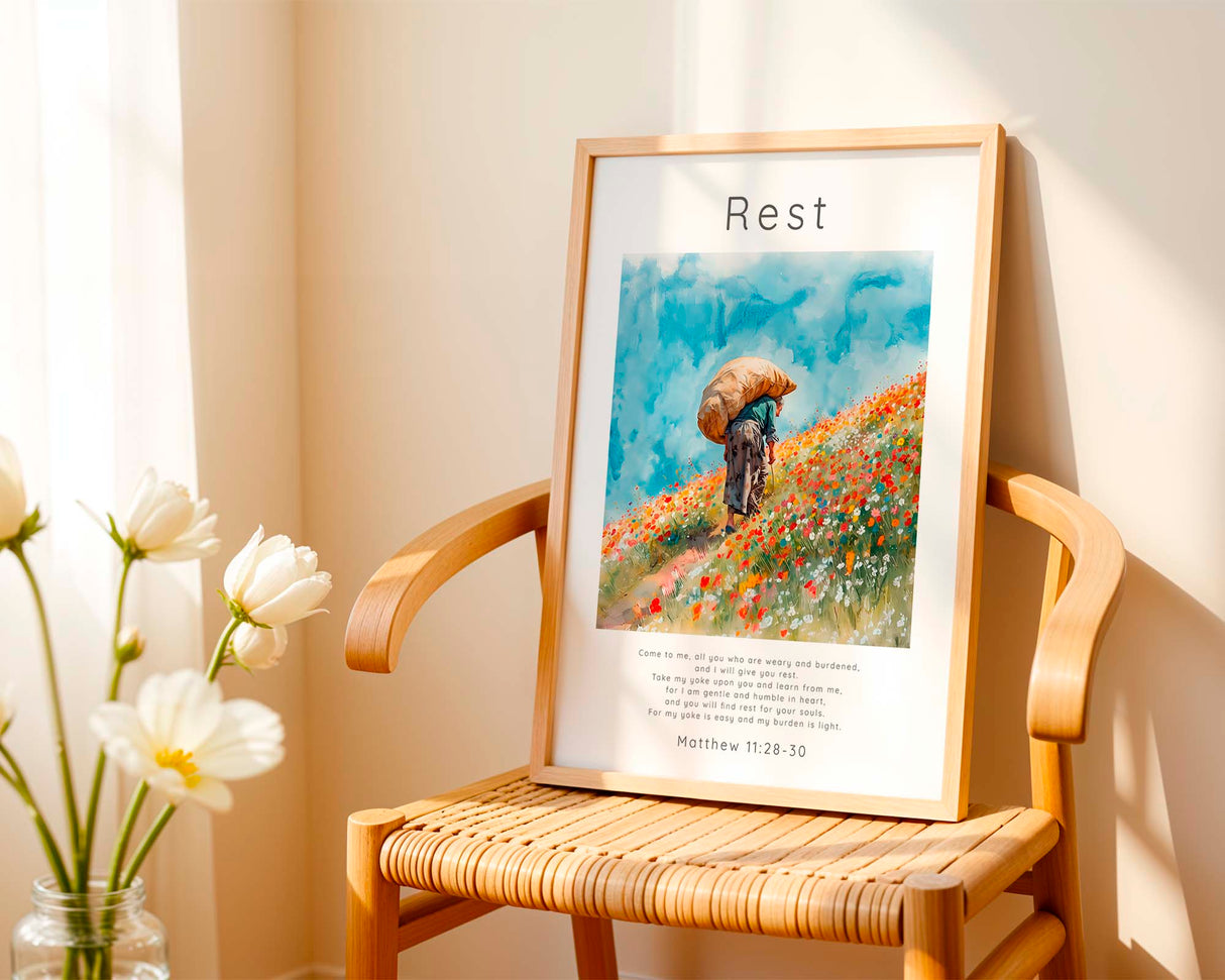 Matthew 11:28-30 - Christian gift print with hillside wildflowers and I will give you rest scripture text.