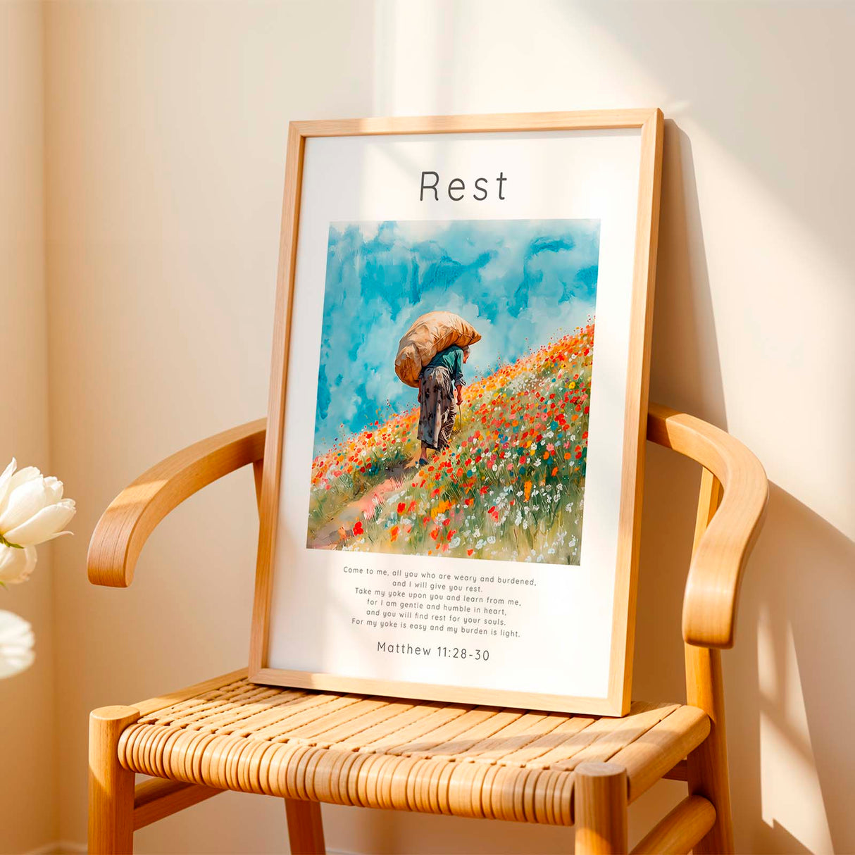 Matthew 11:28-30 - Christian gift print with hillside wildflowers and I will give you rest scripture text.
