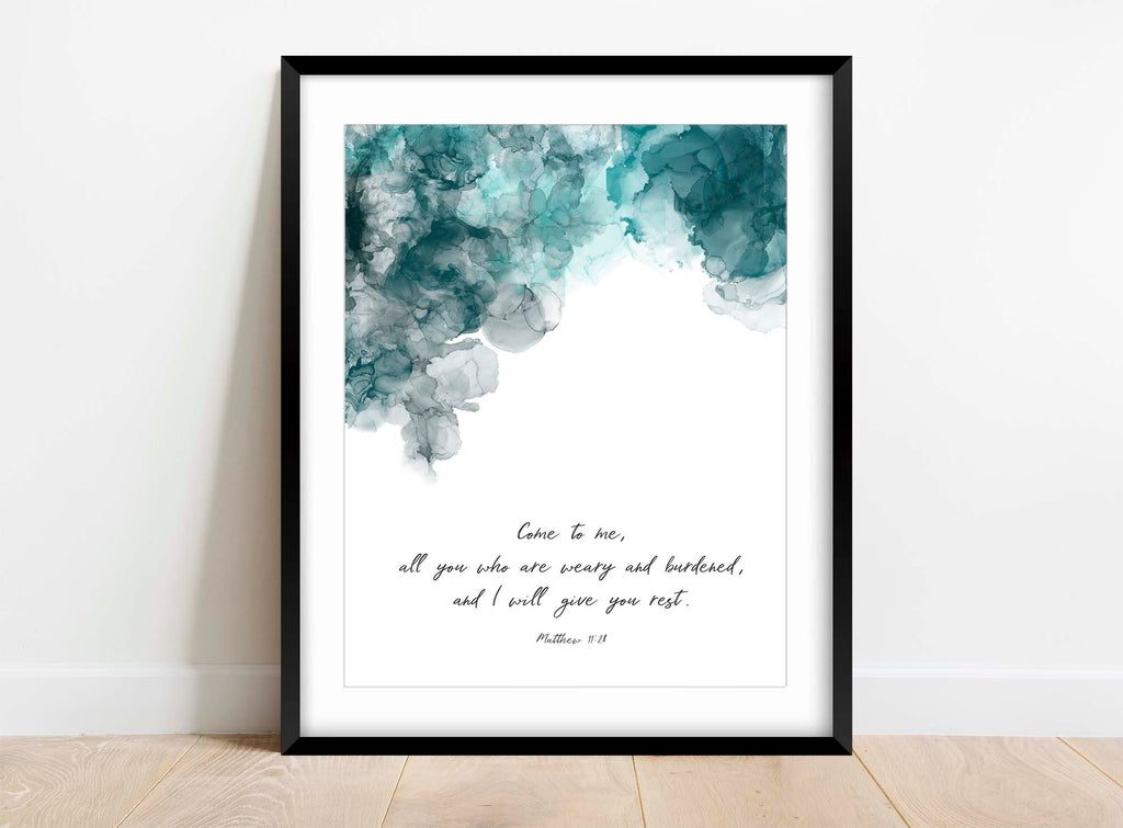 Inspirational Quote Print in Turquoise and Black, Turquoise Scripture Art for Home, Matthew 11:28 Typography Print in Turquoise