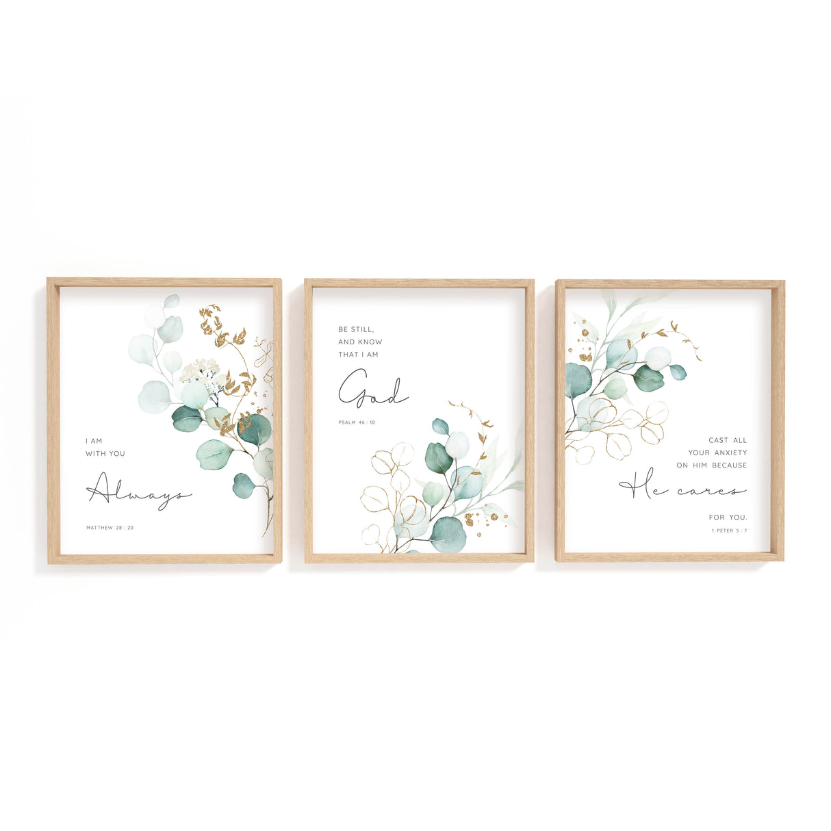 Christian wall art trio with calming eucalyptus botanical designs and comforting verses for encouragement and spiritual reassurance.