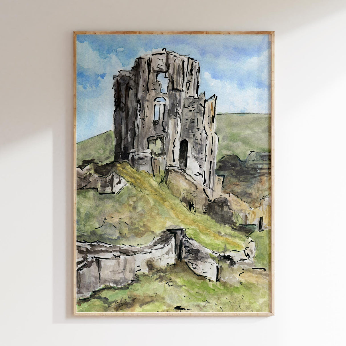 Charming loose style painting of Corfe Castle in Dorset, perfect for lovers of nature and history.