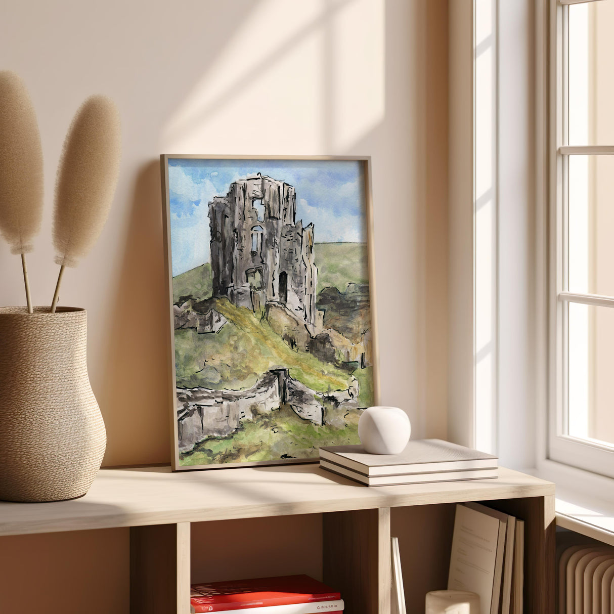 Contemporary Corfe Castle art print showing the historic ruins on a hilltop with sweeping landscape views.