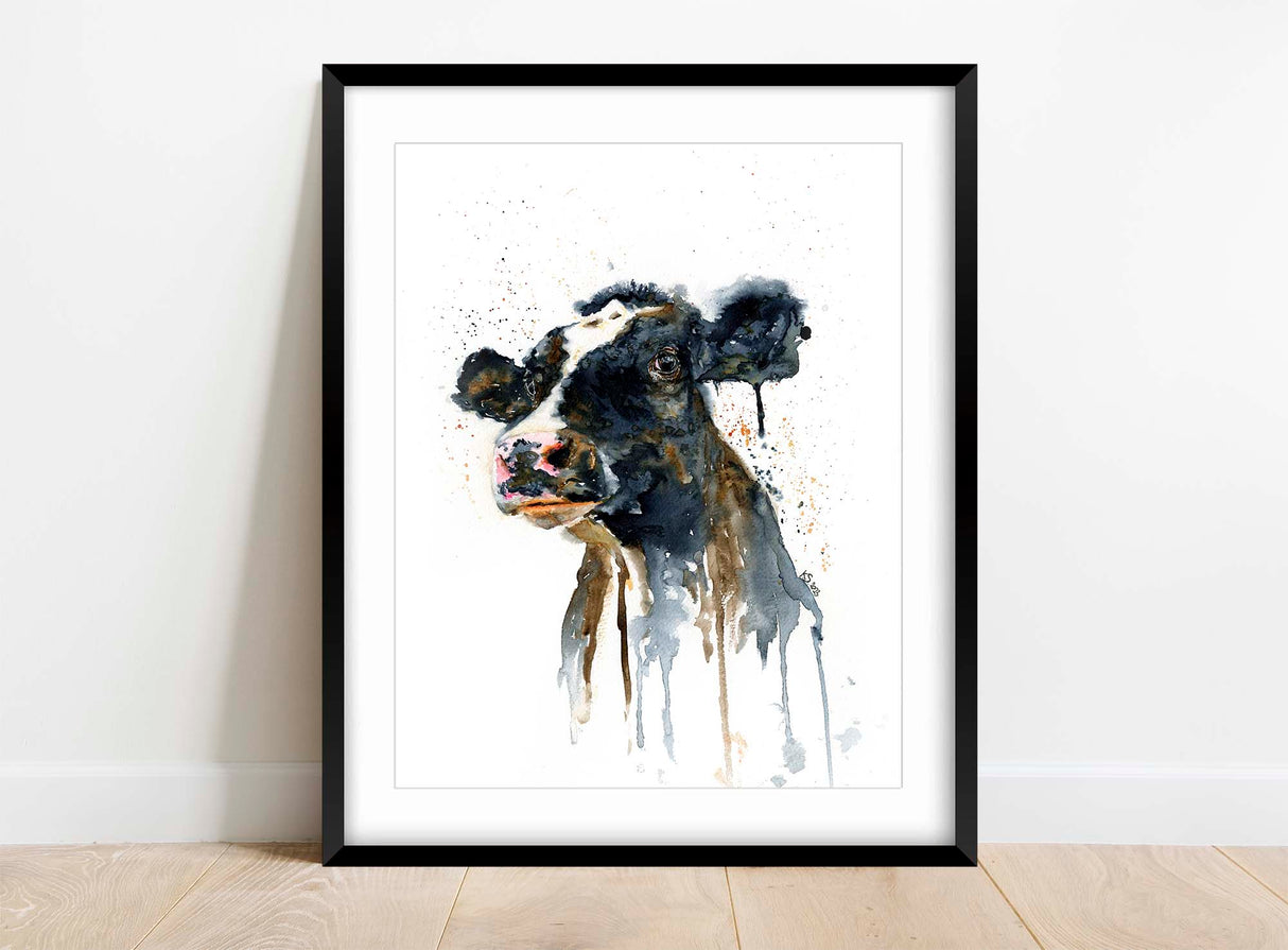 Cow Wall Art Print, Modern Farm House Decor, Country Kitchen Prints, Black and white cow portrait watercolor print