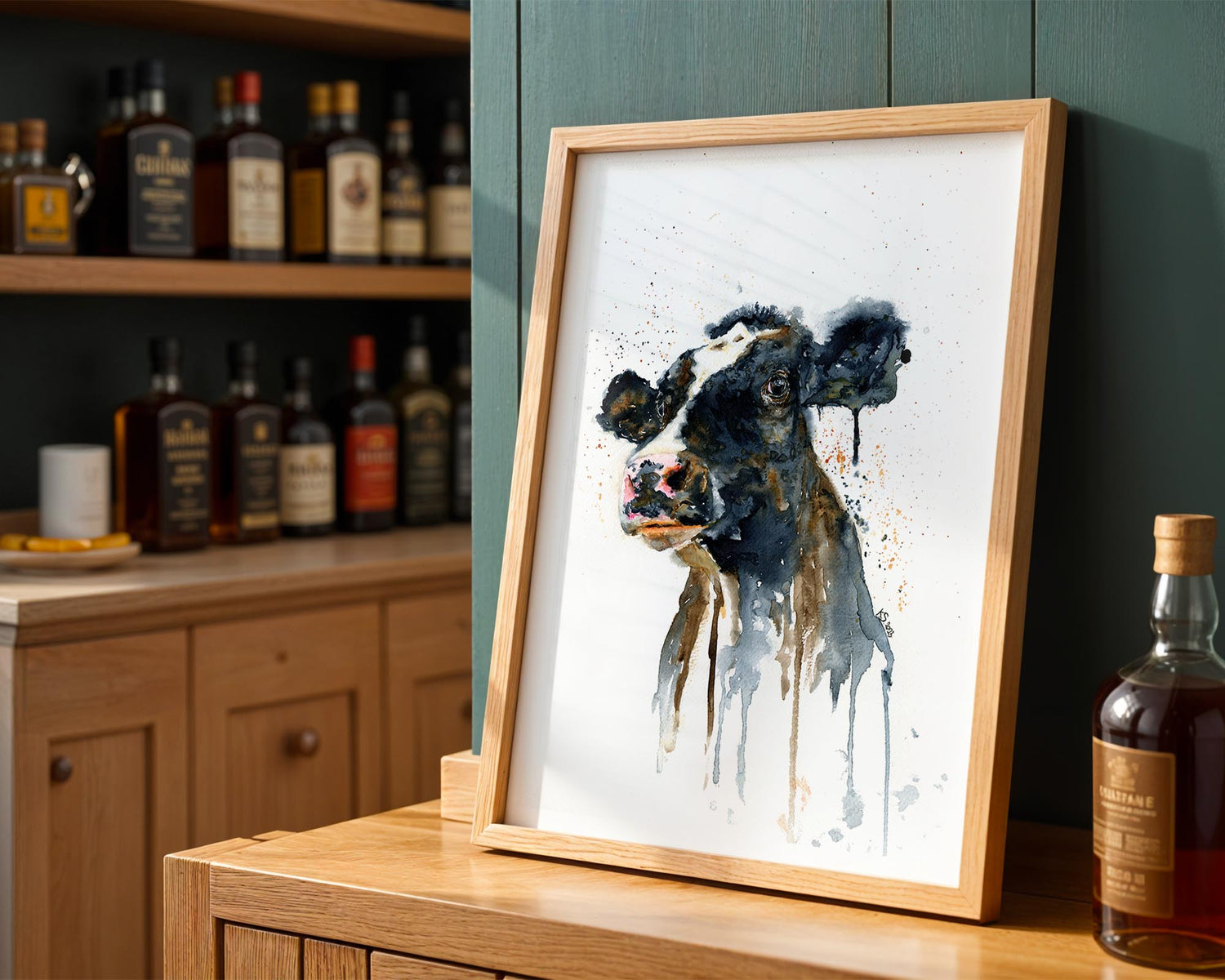 Watercolour cow portrait showcasing the animal’s character with soft blending and delicate detailing around the eyes and muzzle.