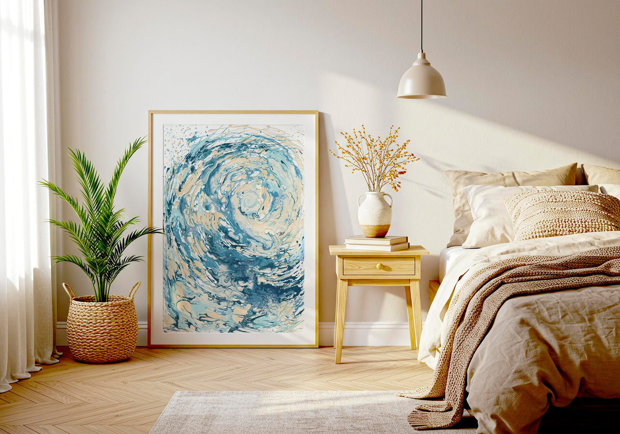 'Wave I' - Abstract crashing wave art in swirling soft blue, deep navy and sandy cream fluid acrylic — stunning blue wave wall art and ocean artwork for coastal decor bedroom ideas, by Crafty Cow Design.