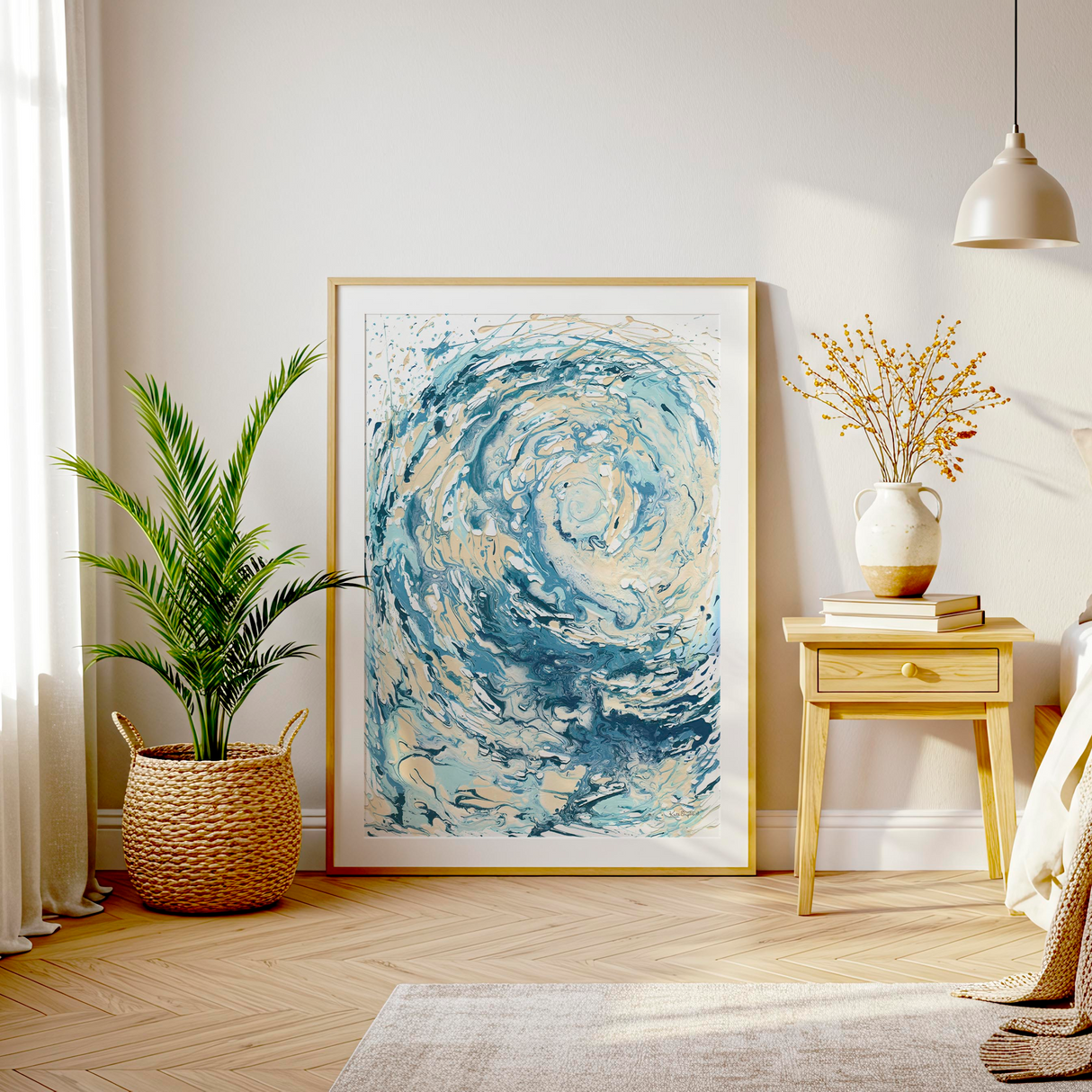 'Wave I' - Blue wave wall art in swirling fluid acrylic — crashing wave art in soft blue, deep navy and warm sandy cream, a beautiful ocean artwork and coastal decor bedroom idea, by Crafty Cow Design.