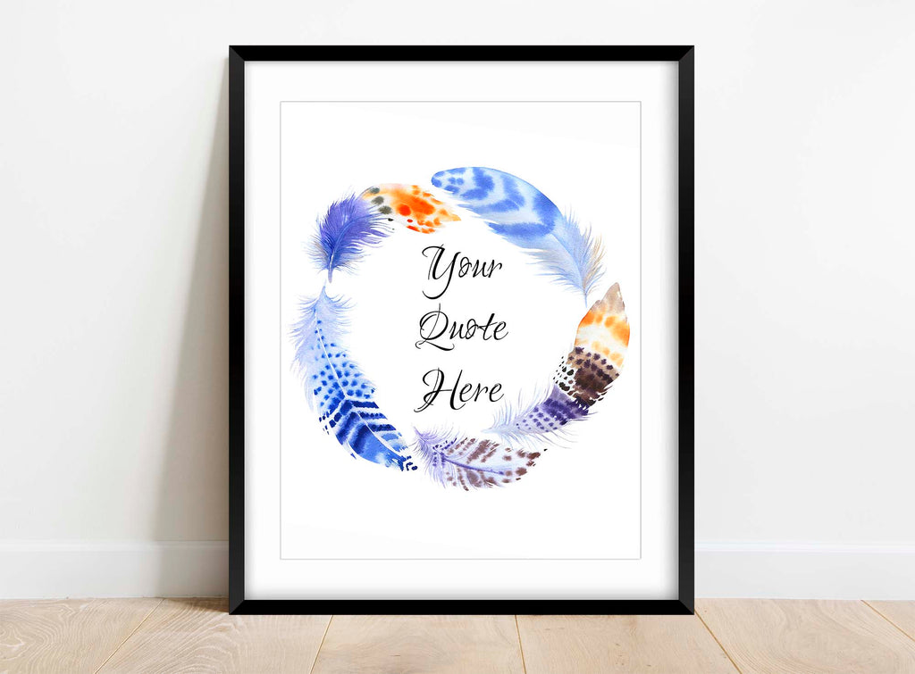 Bespoke typography options for quote print with wreath, Custom feather wreath wall art with your favourite quote