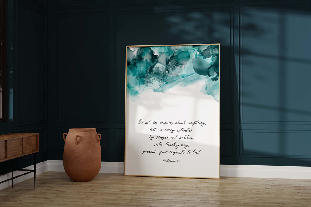 Abstract prayer wall art in calming colors, Turquoise and black scripture-inspired home print, Bible verse wall decor for peace