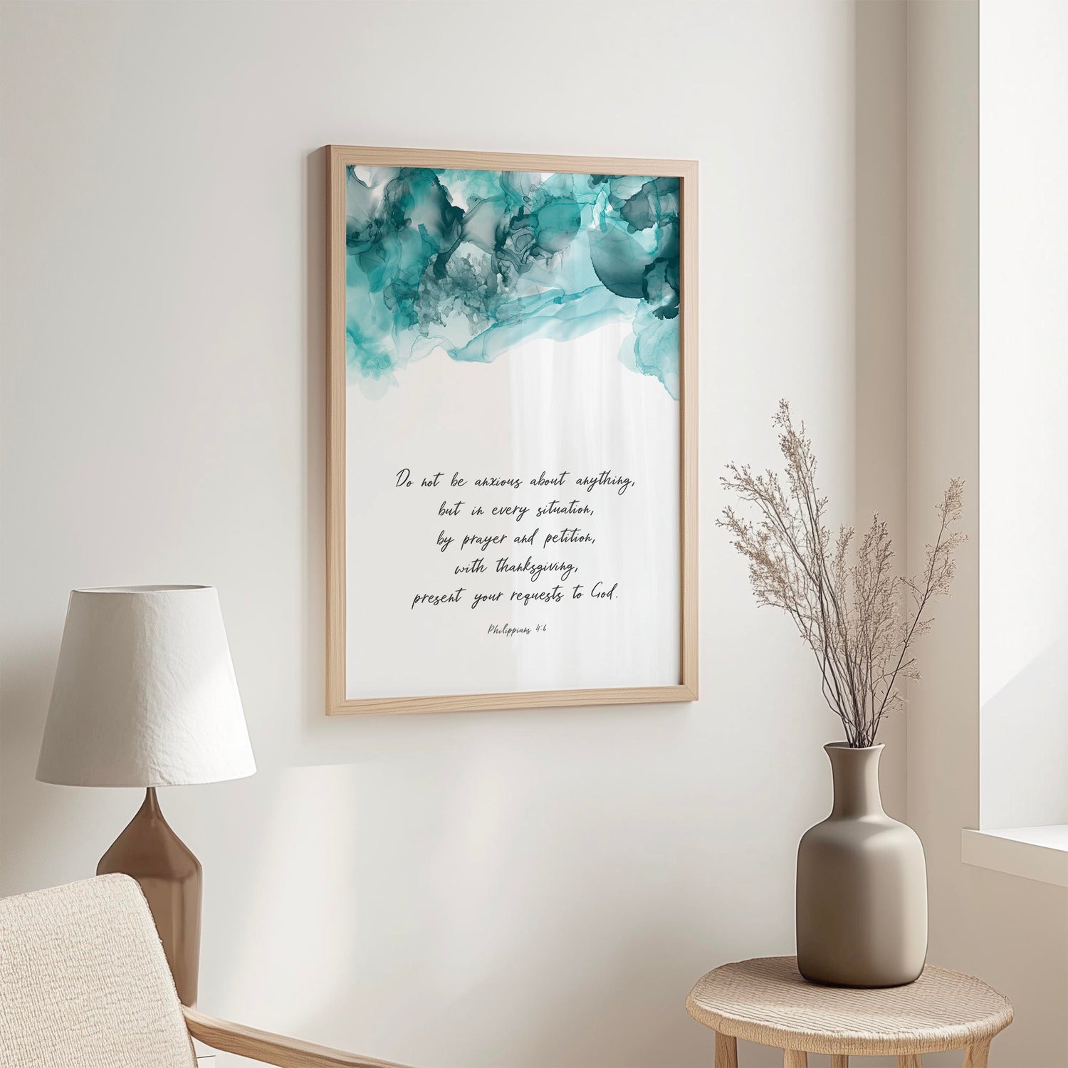 Turquoise and black abstract wall art with Philippians 4 6 verse for Christian home decor.