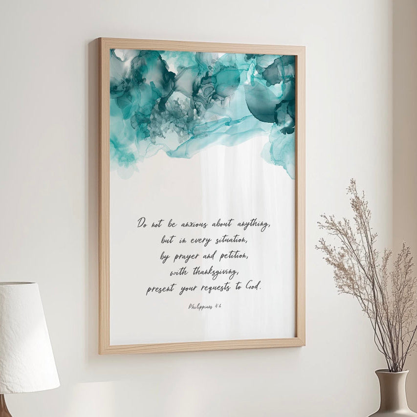 Turquoise and black abstract wall art with Philippians 4 6 verse for Christian home decor.