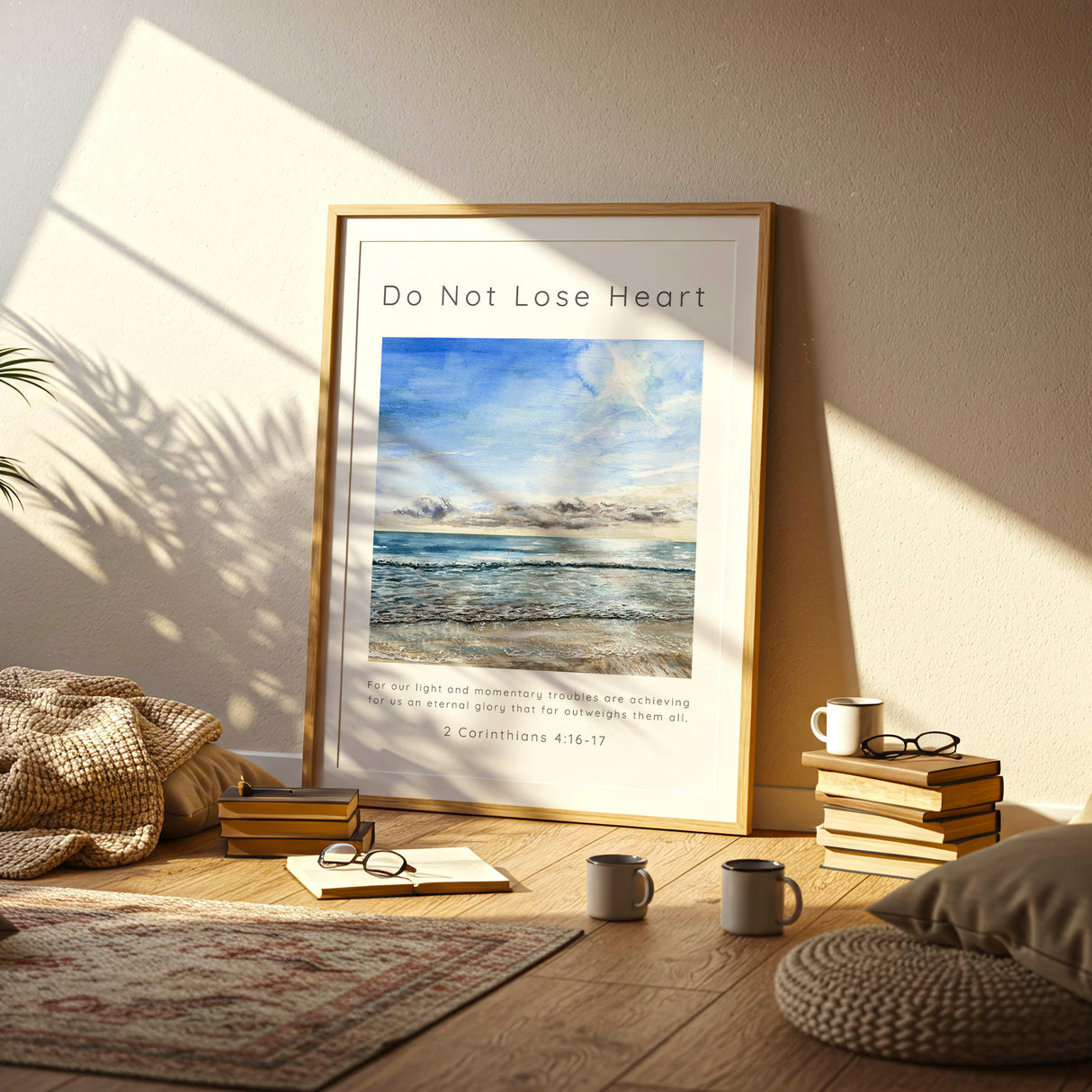 2 Corinthians 4:17 - Bible verse art featuring sunny Dorset beach scene and eternal glory scripture text.