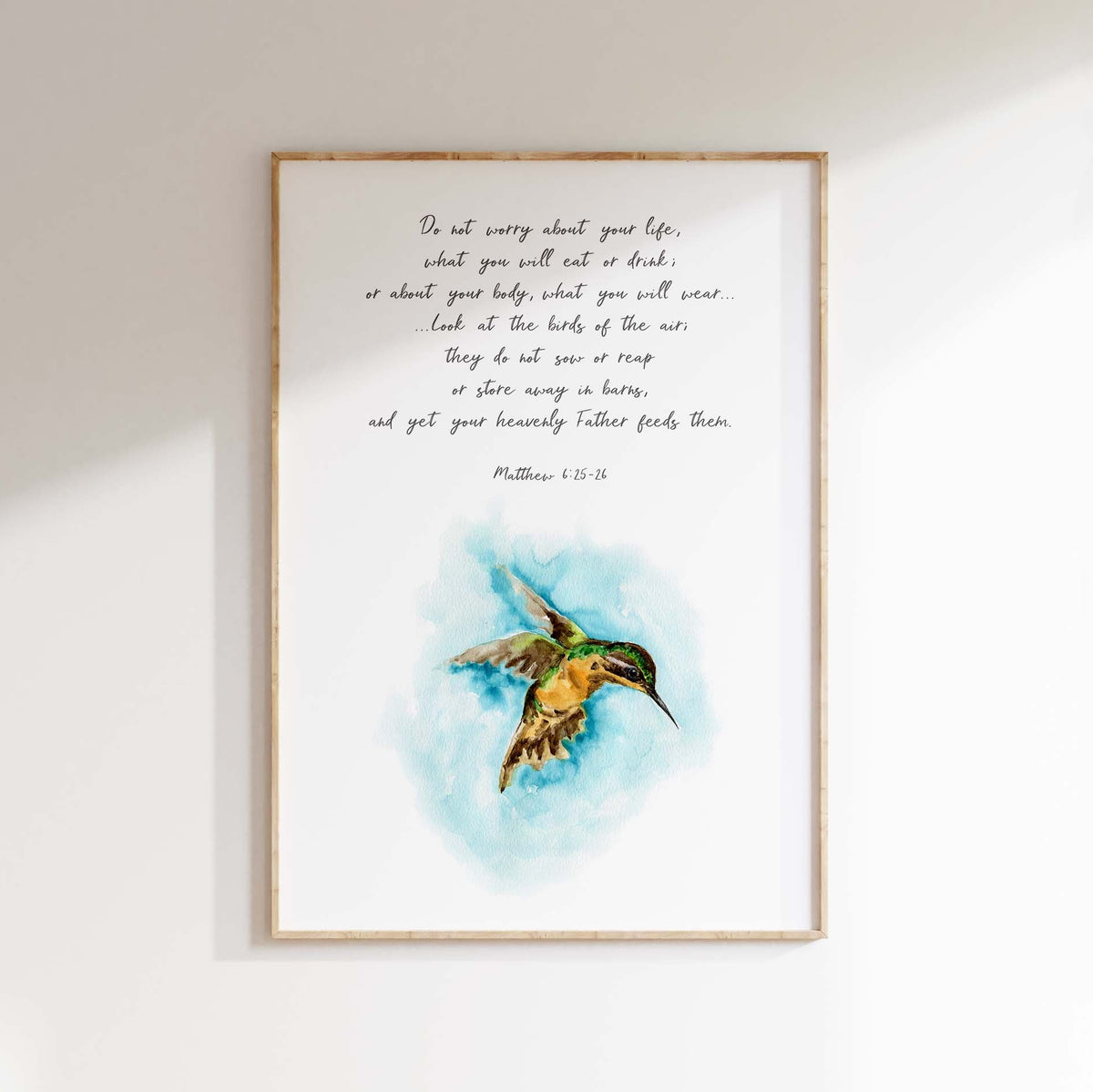 Inspirational Christian wall art with Matthew 6:25-26 scripture and hummingbird illustration in calming style.