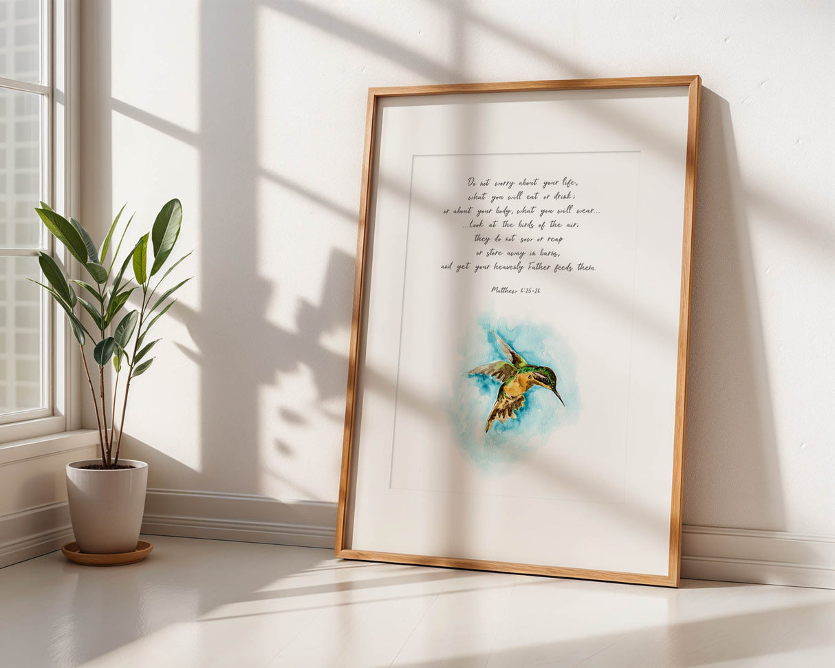 Hummingbird Christian wall art print with Matthew 6:25-26 Bible verse about God’s provision and care.