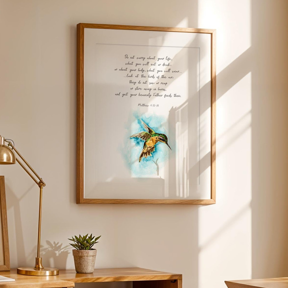 Look At The Birds Of The Air Bible verse print featuring a watercolour hummingbird and soft natural tones.