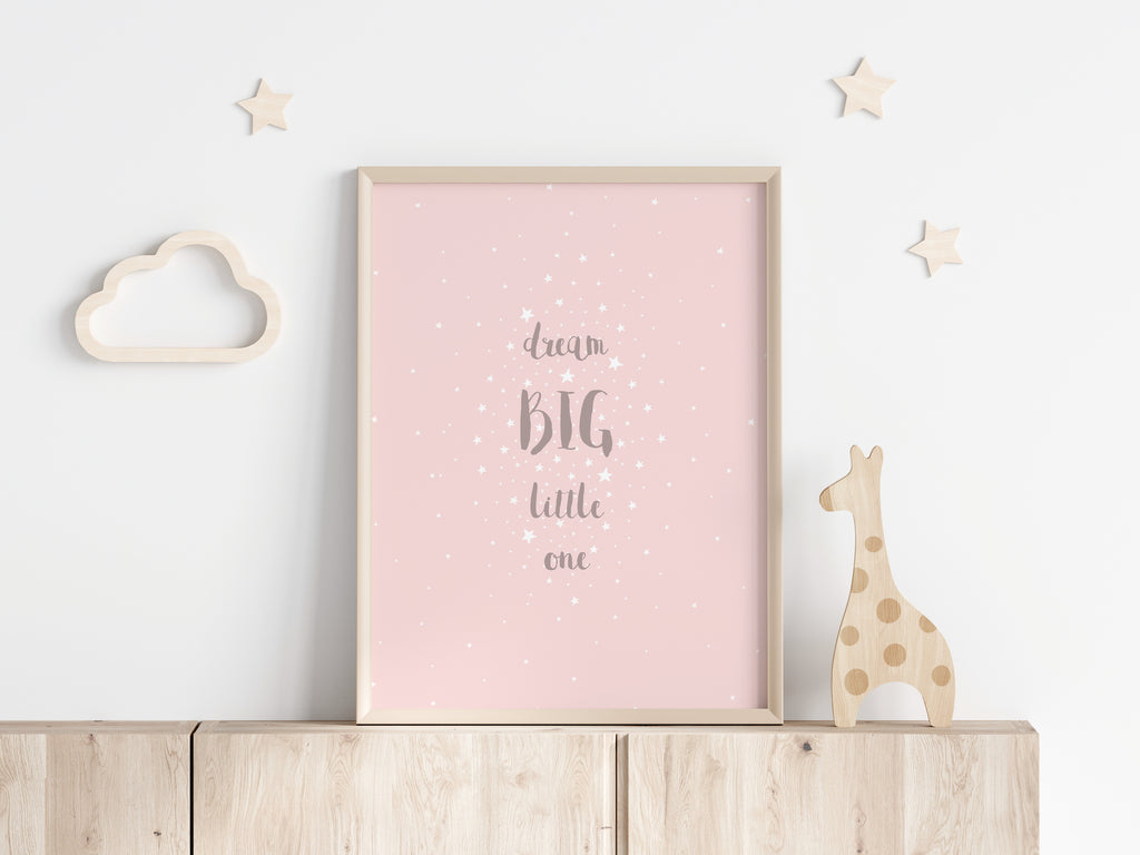 Custom-designed pink and grey starry quote print, Personalised nursery decor with dream big little one quote