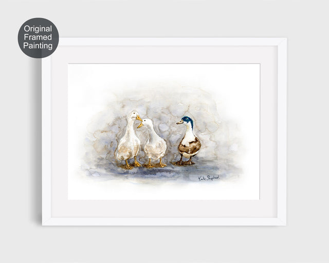 Watercolour painting of three ducks standing together, painted by Kate Shephard.